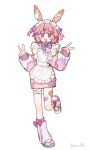  1girl :d absurdres animal_ears apron bandaid bandaid_on_leg blush bow bowtie commentary_request double_v frilled_apron frills full_body hair_bow hair_ornament hairclip hands_up highres jacket jersey_maid komerina long_sleeves looking_at_viewer maid open_mouth original parallel_hairclips pink_hair pink_jacket purple_bow purple_bowtie purple_shoes sea_slug_ears sea_slug_girl shoes short_hair signature simple_background smile socks solo standing standing_on_one_leg track_jacket two_side_up unconventional_maid v white_apron white_background white_socks 