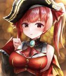  1girl absurdres ascot black_choker black_coat black_hat blush breasts choker coat commentary_request cropped_jacket frilled_choker frills hair_ribbon hat heterochromia highres hololive houshou_marine houshou_marine_(1st_costume) jacket large_breasts leotard leotard_under_clothes long_hair looking_at_viewer open_mouth pirate_hat red_ascot red_eyes red_jacket red_ribbon ribbon sleeveless sleeveless_jacket solo twintails u_da_desu virtual_youtuber yellow_eyes 