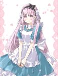  1girl absurdres alice's_adventures_in_wonderland alice_(alice_in_wonderland) alice_(alice_in_wonderland)_(cosplay) apron ayaro_(genkiloobaii) back_bow black_bow black_hairband blue_dress blunt_ends blush bow bun_cover collared_dress commentary cosplay double_bun dress eyelashes eyes_visible_through_hair feet_out_of_frame frilled_apron frilled_dress frills hair_between_eyes hair_bow hair_bun hairband heart heaven_burns_red highres kunimi_tama long_hair looking_at_viewer maid_apron parted_lips pink_hair puffy_short_sleeves puffy_sleeves short_sleeves sidelocks simple_background solo standing straight_hair tareme two_side_up v_arms very_long_hair white_apron white_background white_bow 