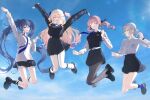  4girls :d ^_^ absurdres alternate_hair_length alternate_hairstyle ano_hi_mita_yozora_wa_itsuka_no_mirai_e_(project_sekai) arm_up arms_up black_hair black_shoes black_skirt black_socks black_sweater black_sweater_vest blonde_hair blue_necktie blue_ribbon blue_sky blue_socks blunt_bangs blush breast_pocket breasts brown_hair closed_eyes closed_mouth cloud collared_shirt commentary day gradient_hair green_eyes grey_eyes grey_hair grey_pantyhose hair_between_eyes hair_ribbon hand_up hands_up highres hinomori_shiho hoshino_ichika_(project_sekai) jewelry jumping large_breasts leo/need_(project_sekai) lomo_(81159) long_hair long_sleeves looking_at_viewer loose_necktie loose_socks miniskirt mochizuki_honami multicolored_hair multiple_girls neck_ribbon necklace necktie official_alternate_costume open_mouth outdoors pantyhose pink_hair pleated_skirt pocket profile project_sekai ribbon shirt shirt_tucked_in shoes sidelocks skirt sky small_breasts smile socks sweater sweater_vest symbol-only_commentary tenma_saki three-quarter_sleeves tie_clip twintails two_side_up very_long_hair white_shirt white_socks wristband 