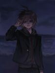  1boy ahoge beach black_jacket brown_hair commentary_request danganronpa:_trigger_happy_havoc danganronpa_(series) highres hood hood_down jacket long_sleeves male_focus naegi_makoto night ocean open_clothes open_jacket open_mouth qiubina198294 shirt short_hair 
