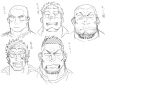  5boys :d =_= bandaid bandaid_on_face bandaid_on_nose bara clenched_teeth earrings facial_hair fangs frown goatee greyscale highres jewelry male_focus monochrome multiple_boys nose open_mouth original scar scar_on_cheek scar_on_face shaved_head simple_background single_earring sketch smile spiked_hair stubble teeth thick_eyebrows thick_neck translation_request white_background yakisoba_ohmori 