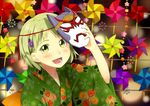  bad_id bad_pixiv_id blonde_hair flower green_eyes hair_ornament huang_baoling japanese_clothes mask mirin_(youton_jou) obi open_mouth origami_cyclone pinwheel sash short_hair smile solo tiger_&amp;_bunny 