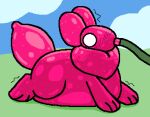 ambiguous_gender animate_inanimate anthro balloon blush blush_lines glistening glistening_body hose hose_in_mouth hose_inflation inflatable inflated_belly inflation liquid_inflation living_balloon living_inflatable lying on_front outside solo squeakitties surprised translucent translucent_body water_inflation