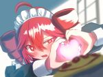  1girl ahoge blush drill_hair enmaided food heart heart-shaped_pupils heart_hands highres kasane_teto maid maid_headdress moe_moe_kyun! omelet omurice red_eyes red_hair solo subsaki_1 symbol-shaped_pupils twin_drills utau 