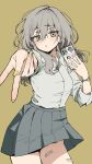  1girl alternate_costume bandaid bandaid_on_leg bracelet cellphone collared_shirt commentary_request cowboy_shot earrings grey_hair grey_skirt hair_between_eyes highres holding holding_phone honkai:_star_rail honkai_(series) jewelry long_hair looking_at_viewer nail_polish parted_lips phone pinponpaaru pleated_skirt school_uniform shirt shirt_tucked_in simple_background skirt smartphone solo stelle_(honkai:_star_rail) stud_earrings trailblazer_(honkai:_star_rail) v white_shirt yellow_background yellow_nails 