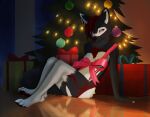 2025 absurd_res anthro bow_ribbon canid canine canis christmas christmas_decorations christmas_lights christmas_tree digital_media_(artwork) female full-length_portrait gift hi_res holidays line_art looking_at_viewer mammal plant portrait red_the_kitsune shaded sitting sitting_on_ground solo tree watermark wolf