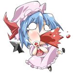  bat_wings bibi blue_hair blush chibi detached_wings full_body hat mary_janes o_o remilia_scarlet shoes short_hair simple_background single_shoe solo spit_take spitting tears touhou wings 