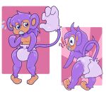 2_toes 4_fingers aipom ambiguous_gender anthro artist_logo blue_ear_ring blush blush_lines bodily_fluids brown_body brown_inner_ear butt butt_grab clean_diaper clothed clothing cloud_emanata diaper diaper_puff dljoe ear_piercing ear_ring emanata featureless_hands feet fingers flying_sweatdrops front_view frown full-length_portrait fur generation_2_pokemon groping_diaper hand_on_butt hand_on_diaper interrobang living_tail logo multicolored_body multiple_scenes nintendo piercing pokemon pokemon_(species) portrait purple_body purple_fur purple_tail rear_view ring_piercing simple_background solo standing sweat sweatdrop tail tail_hand teeth toes touching_diaper two_tone_body unusual_anatomy unusual_tail wearing_diaper white_background wide_eyed