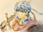  1boy blue_eyes blue_hair closed_mouth commentary_request fire_emblem fire_emblem:_path_of_radiance headband highres holding holding_sword holding_weapon ike_(fire_emblem) kitsukit looking_at_viewer male_focus over_shoulder ragnell short_hair solo sword sword_over_shoulder weapon weapon_over_shoulder 