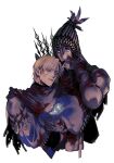  2boys armor black_gloves blonde_hair blood blood_on_clothes blue_eyes blue_surcoat cape cropped_torso curtained_hair elden_ring elden_ring_nightreign gloves green_hood hand_on_another's_shoulder highres holding ironeye_(elden_ring) looking_to_the_side loose_hair_strand mask mouth_mask multiple_boys osashimi_man quiver scale_armor white_background wylder_(elden_ring) 