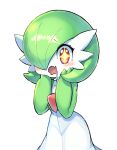  +_+ 1girl blush bob_cut collarbone colored_skin commentary_request cowboy_shot drooling fang gardevoir green_hair green_skin hair_over_one_eye hands_on_own_cheeks hands_on_own_face hands_up highres looking_afar multicolored_skin one_eye_covered open_mouth pokemon pokemon_(creature) raised_eyebrows red_eyes saliva sara_(sublender1234) short_hair simple_background skin_fang solo standing two-tone_skin wavy_mouth white_background white_skin wide-eyed 