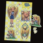  1girl alexis_(diansakhu) angel aqua_skirt bandaid bandaid_on_arm blonde_hair blue_eyes blue_shirt blue_shorts blush character_name checkered_background closed_eyes closed_mouth collared_shirt commentary crying diansakhu ear_piercing earrings english_commentary eyelashes feathered_wings from_behind full_body grass halo hand_in_pocket happy heart highres jewelry leg_warmers long_skirt midriff multiple_views open_mouth original outline piercing pink_shoes pink_socks pointy_ears sad scrunchie shirt shoes short_hair shorts sitting skirt sleeveless sleeveless_shirt smile socks speech_bubble spoken_heart standing tears teeth upper_teeth_only very_short_hair waving white_leg_warmers wings wrist_scrunchie yellow_wings 