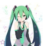  aqua_hair detached_sleeves errant finger_to_mouth gradient_hair green_eyes green_hair hatsune_miku headphones headset long_hair multicolored_hair musical_note nail_polish necktie one_eye_closed shushing smile solo star twintails very_long_hair vocaloid 