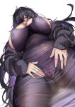  1girl absurdres bear_paw_s black-framed_eyewear black_hair black_sweater breasts cleavage dated dress from_below glasses goddess_of_victory:_nikke highres label_(nikke) large_breasts long_hair long_sleeves looking_at_viewer mole mole_on_breast multicolored_hair purple_dress purple_eyes purple_hair signature simple_background solo spread_pussy spread_pussy_under_clothes spreading_own_pussy sweater two-tone_hair white_background 