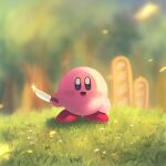 1:1 2022 akaki_4207 ambiguous_gender biped blush blush_stickers creepy creepy_smile day detailed_background digital_drawing_(artwork) digital_media_(artwork) forest forest_background grass grass_field hi_res holding_knife holding_object kirby kirby_(series) knife looking_at_viewer meme nature nature_background nintendo not_furry open_mouth open_smile outside pink_body plant red_body signature smile solo sparkles tree waddling_head