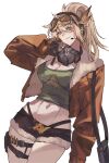  1girl absurdres baekhapsanyangkkun black_gloves blonde_hair blue_eyes breasts brown_jacket brown_shorts canteen cleavage closed_mouth commentary_request cowboy_shot gloves goggles goggles_on_head green_shirt hand_up headset highres jacket korean_commentary large_breasts lilya_(reverse:1999) long_hair looking_at_viewer mask mask_around_neck midriff navel open_clothes open_jacket oxygen_mask ponytail pouch reverse:1999 shirt short_shorts shorts smile solo thigh_pouch white_background 