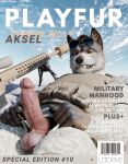 3d_(artwork) anthro artist_name balls canid canine canis character_aksel clothing digital_media_(artwork) eyewear genitals glasses gun hi_res male mammal military military_uniform outside penis ranged_weapon rifle smile sniper_rifle solo text uniform weapon wolf