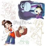  ... 1boy 1girl ? barefoot bow commentary_request donkey_kong donkey_kong_(series) donkey_kong_bananza freckles furry furry_male glowing hair_bow highres holding holding_rock laughing multiple_views necktie o_k_ra_ra one_eye_closed open_mouth pauline_(mario) pauline_(young)_(mario) red_necktie rock suspenders translation_request 