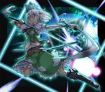  belt boots cross-laced_footwear dual_wielding frown ghost hairband hitodama holding katana konpaku_youmu konpaku_youmu_(ghost) lace-up_boots midriff navel short_hair silver_hair skirt solo sword touhou weapon yuuzii 
