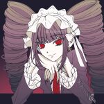  1girl black_hair black_jacket black_nails bonnet celestia_ludenberg commentary_request danganronpa:_trigger_happy_havoc danganronpa_(series) drill_hair earrings frills gothic_lolita highres jacket jewelry lolita_fashion long_hair long_sleeves looking_at_viewer nail_polish necktie red_eyes red_necktie satori_(aosky9077) shirt smile solo twin_drills twintails upper_body 