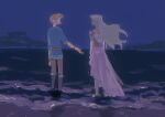  1boy 1girl beach blue_shirt commentary_request dark-skinned_female dark_skin link long_hair looking_at_another night official_alternate_costume outdoors pointy_ears princess_zelda reaching reaching_towards_another sand senzo6700 shirt short_hair sky standing tetra the_legend_of_zelda the_legend_of_zelda:_the_wind_waker water 