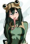  1girl absurdres artist_name asui_tsuyu black_choker black_eyes bodysuit boku_no_hero_academia breasts choker closed_mouth frog_girl goggles goggles_on_head green_bodysuit green_hair highres long_hair long_tongue looking_at_viewer medium_breasts otokakoto skin_tight solo tongue upper_body very_long_hair very_long_tongue 