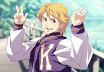  blonde_hair blue_eyes child imasan jacket keith_goodman letterman_jacket looking_at_viewer male_focus purple_jacket solo tiger_&amp;_bunny younger 