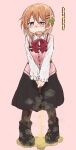  1girl between_legs black_boots black_pantyhose black_skirt blush boots bow bowtie commentary_request embarrassed flower full_body gochuumon_wa_usagi_desu_ka? hair_flower hair_ornament hairclip half-closed_eyes hand_between_legs have_to_pee highres hoto_cocoa long_sleeves nose_blush open_mouth orange_hair own_hands_together pantyhose partial_commentary peeing peeing_self pigeon-toed pink_background pink_flower pink_vest ponnu_(tnpn2yw) puddle purple_eyes red_bow red_bowtie school_uniform shirt short_hair simple_background skirt solo standing steam tears urine_meter v_arms vest wet wet_clothes white_shirt 