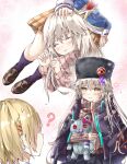  2girls ? absurdres ayaro_(genkiloobaii) black_hat black_socks blonde_hair blush bow brown_skirt charlotta_skopovskaya closed_mouth commentary_request eyelashes fur_hat grey_hair hair_between_eyes hair_ornament hairclip hand_on_another's_head hand_on_own_cheek hand_on_own_face hand_up hat heart heaven_burns_red highres holding holding_stuffed_toy imagining kayamori_ruka kneehighs lap_pillow long_hair looking_at_another lovestruck lower_body lying miniskirt multiple_girls on_side papakha parallel_hairclips plaid_clothes plaid_skirt pleated_skirt red_bow short_hair signature skirt sleeves_past_wrists smile socks stuffed_animal stuffed_cat stuffed_toy sweater very_long_hair yellow_eyes yuri 