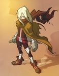  bandages belt blonde_hair boots claws cleaver cloak emilio_lopez hair_over_one_eye long_hair male_focus oversized_limbs perspective scarf solo tengen_toppa_gurren_lagann viral yellow_eyes 