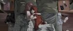  2girls cellphone closed_eyes closed_mouth commentary hair_down highres hug jinx_(league_of_legends) kid_sppinarl league_of_legends long_hair lux_(league_of_legends) lying multiple_girls on_bed phone pillow pink_hair pink_tank_top red_hair sleeping slippers smartphone star_guardian_jinx star_guardian_lux tank_top under_covers yuri 