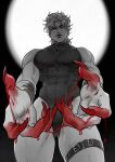  1boy absurdres ass_visible_through_thighs bara bare_shoulders belt black_leotard blonde_hair blood blood_drip blood_on_hands bulge commentary covered_abs covered_navel covered_pectorals cowboy_shot dio_brando earrings english_commentary fingernails foreshortening from_below highleg highleg_leotard highres jewelry jojo_no_kimyou_na_bouken large_pectorals leotard lips long_fingernails looking_at_viewer male_focus medium_hair monochrome muscular noquelle pectorals red_eyes scar scar_on_neck signature simple_background skin_tight sleeveless sleeveless_turtleneck smile solo spot_color standing stardust_crusaders stitched_neck stitches thick_thighs thigh_belt thigh_strap thighs turtleneck turtleneck_leotard 