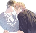  2boys aso_lago black_hair black_shirt closed_mouth commentary_request eye_contact face-to-face hand_on_another's_face himuro_tatsuya kuroko_no_basuke long_sleeves looking_at_another male_focus mole mole_under_eye multiple_boys murasakibara_atsushi pink_hair shirt short_hair short_sleeves simple_background upper_body white_background white_shirt yaoi 