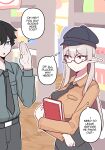  1boy 1girl ^^^ absurdres black_hat black_necktie black_pants blue_eyes blue_shirt book breasts brown_shirt closed_mouth commentary double-parted_bangs elf english_commentary english_text glasses grey_hair hand_up hat highres holding holding_book indoors large_breasts library long_hair long_sleeves looking_at_another mirui09 necktie original pants pointy_ears red_eyes shirt short_hair sidelocks speech_bubble talking thought_bubble 