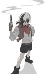  1boy adversarial_noise aged_down ankle_boots bad_id bad_twitter_id bandana bandana_around_neck belt black_hair black_shoes black_shorts boothill_(honkai:_star_rail) boots brown_belt brown_gloves brown_vest commentary finger_on_trigger fingerless_gloves full_body gloves gun hashtag-only_commentary highres holding holding_gun holding_weapon honkai:_star_rail honkai_(series) long_sleeves male_focus multicolored_hair open_clothes open_mouth open_vest ponytail red_bandana revolver sharp_teeth shirt shoes short_hair short_ponytail shorts simple_background smoke solo standing teeth two-tone_hair vest weapon white_background white_hair white_shirt yoyoi_yo1 