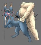  &lt;3 abyss_(monster_rancher) anal anubian_jackal big_breasts blush breasts canine cheese_cake duo english_text female human jackal looking_pleasured male mammal penetration presenting simple_background spreading text 