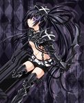  aoilio arm_cannon armor bad_id bad_pixiv_id belt black_hair black_rock_shooter boots breasts burning_eye chain checkered insane_black_rock_shooter knife long_hair loose_belt medium_breasts midriff navel purple_eyes scar shorts solo twintails underboob very_long_hair weapon 