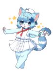  1girl :3 absurdres ahoge akurara_(cat_busters) animal_ears animal_feet animal_hands barefoot blue_eyes blue_fur blue_hair blush bob_cut breasts cat_busters cat_ears cat_girl cat_tail claws commentary_request dress frilled_dress frills full_body furry furry_female hair_between_eyes hair_ornament hat highres jupiter_europe korean_commentary neckerchief open_mouth pawpads pear-shaped_figure red_neckerchief sailor_dress sailor_hat short_hair shortstack sideboob simple_background small_breasts solo star_(symbol) star_hair_ornament tachi-e tail thick_thighs thighs whiskers white_background white_dress white_hat 