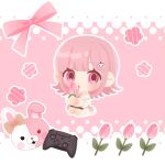  1girl :o blush bow chibi commentary_request controller danganronpa_(series) danganronpa_2:_goodbye_despair flower game_controller hair_ornament highres jacket long_sleeves medium_hair monomi_(danganronpa) nanami_chiaki official_alternate_costume pink_bow pink_eyes pink_flower pink_hair potato_kkkb 
