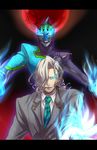  bad_id bad_pixiv_id blue_eyes blue_fire dual_persona fire formal full_moon glowing glowing_eyes grey_hair hair_over_one_eye highres letterboxed lips long_hair lunatic_(tiger_&amp;_bunny) male_focus mask moon multiple_boys namiki_(artist) necktie pale_skin ponytail red_moon suit superhero tiger_&amp;_bunny yuri_petrov 