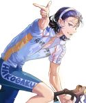  1boy aso_lago bicycle bike_jersey commentary_request cycling_uniform cyclist looking_at_viewer male_focus partially_unzipped riding riding_bicycle short_hair simple_background solo sportswear sweat teeth toudou_jinpachi white_background yowamushi_pedal zipper 