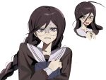  1girl ahoge book braid commentary_request danganronpa:_trigger_happy_havoc danganronpa_(series) danganronpa_another_episode:_ultra_despair_girls drooling eyelashes fukawa_toko glasses hair_between_eyes hair_ornament hairclip highres holding holding_book kurata_(user_tzzm8274) long_hair long_sleeves mole mole_under_mouth multiple_views open_mouth purple_hair round_eyewear sailor_collar saliva simple_background smile teeth twin_braids twintails upper_teeth_only white_background white_sailor_collar 