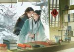 absurdres architecture backlighting bamboo bent_over black_capelet black_hair black_hanfu book book_stack bowl box brown_eyes calligraphy_brush capelet chinese_clothes closed_mouth commentary_request couple curtained_hair east_asian_architecture flower food fur-trimmed_capelet fur-trimmed_robe fur_trim furisode_sleeves gift gift_box green_hanfu grey_eyes half_updo hands_on_another's_chest hanfu highres holding holding_calligraphy_brush holding_paintbrush hug hug_from_behind ikebana indoors ink lantern lattice light_particles long_hair long_sleeves looking_at_another looking_back luo_binghe male_focus paintbrush parted_bangs plum_blossoms renzha_fanpai_zijiu_xitong robe rock shadow shelf shen_qingqiu sky snow snowing table thick_eyebrows tile_roof wagashi white_sky window_blinds winter_clothes wooden_table yaoi yunchuan_1013 zuiyin 