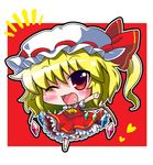  ascot bad_id bad_pixiv_id blonde_hair blush chibi fang flandre_scarlet hat noai_nioshi one_eye_closed open_mouth red_eyes short_hair side_ponytail skirt smile solo touhou 