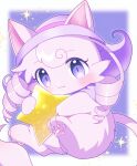  1girl :3 absurdres animal_ears animal_feet animal_hands blush border cape cat_ears cat_girl cat_tail chibi chibi_only chibikemo commentary_request devilconnection digitigrade furry furry_female hat highres looking_at_viewer makemon! meteor_(makemon!) mirun_migyu pawpads pink_fur pink_hair purple_background purple_cape purple_eyes purple_hat purple_theme ringlets solo star_(symbol) tail white_border yume_kawaii 
