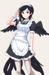  1girl apron black_dress black_hair black_wings commentary_request dress frills hand_in_own_hair highres horse_tail jack_(wkm74959) kurokoma_saki maid maid_apron maid_headdress pantyhose red_eyes short_sleeves single_sidelock smile solo swept_bangs tail touhou white_pantyhose wings wrist_cuffs 