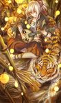  animal bamboo bamboo_forest bracelet brown_eyes commentary forest hair_up highres instrument jewelry magatama nature original sarashi short_hair sitting smile solo tiger white_hair yan_wong 
