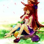  against_tree alcohol barefoot blush bow brown_eyes brown_hair chain dappled_sunlight gourd grass hair_bow highres horns ibuki_suika k.ei long_hair petals sake shirt shoes single_shoe single_sock sitting sleeveless sleeveless_shirt socks solo sunlight touhou tree wrist_cuffs 