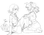  2girls :d ahoge aozora_himari blush bow bowtie closed_eyes commentary_request cropped_jacket elbow_rest facing_another from_side gogumata greyscale hand_on_ground happy himitsu_no_aipri hoshikawa_mitsuki knees_up korean_commentary korean_text legs_together long_hair long_sleeves looking_at_another medium_hair medium_skirt mixed-language_text monochrome motion_lines multiple_girls paradise_private_academy_school_uniform pretty_series priusa school_uniform sitting skirt smile socks straight_hair translation_request twintails wariza 